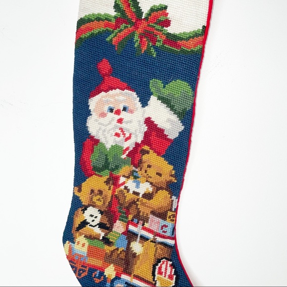 Vintage Christmas Stocking Santa Wool Needlepoint Cotton Backing - Picture 7 of 13